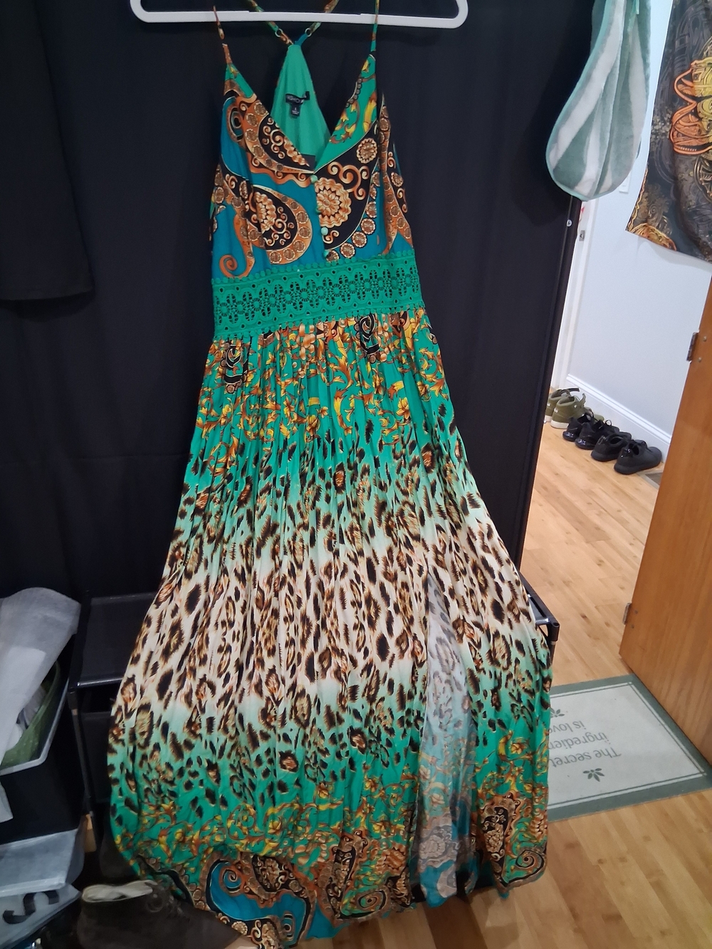 Fashion Nova Teal and Gold Paisley & Leopard Print Maxi Dress